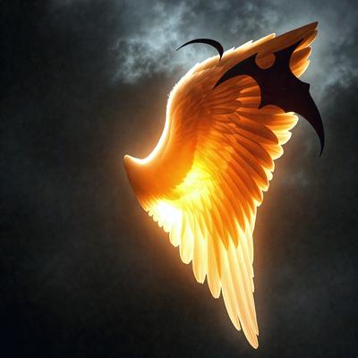 The primary subject of the image is a bird, specifically a dove, with its wings spread wide. The dove is flying through a dark, cloudy sky, which creates a dramatic and moody atmosphere. The visual style of the image is a combination of photo and digital art, as it appears to be a photo of a digital artwork. The colors in the image are predominantly dark, with the dove being the main source of light and contrast.